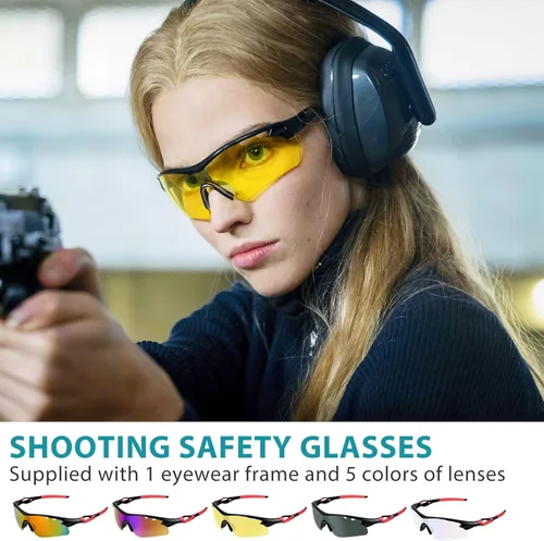 Miniatura 5 de Gafas de tiro con 5 lentes intercambiables y estuche de transporte, gafas de seguridad antivaho para caza, para hombres y mujeres Marco rojo