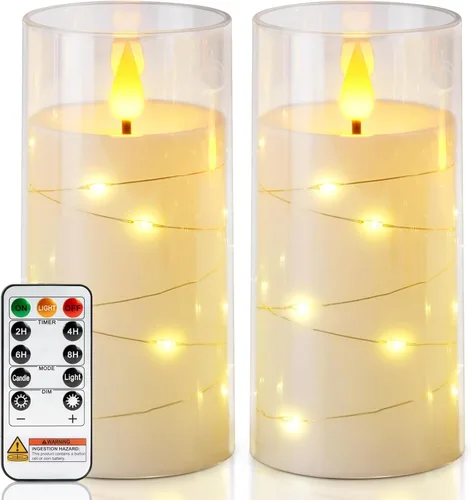 Miniatura 9 de Homemory Velas sin llama con luces de hadas de cadena de estrellas incrustadas, velas que funcionan con pilas, velas LED, velas falsas con control