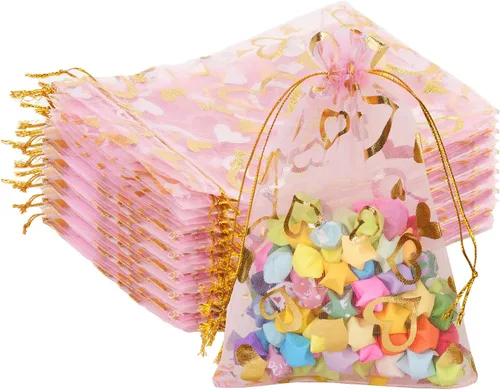 G2PLUS - Bolsas de organza de corazón, 50 bolsas de regalo con cordón transparente de 4 x 6 pulgadas | Pink Mesh Bags with Gold Foil Hearts for