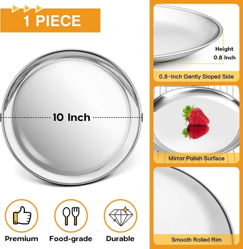 Miniatura 2 de P&P CHEF Bandeja redonda de acero inoxidable para pizza de 10 pulgadas, bandeja para hornear pizzas, bandeja para servir carne de galletas, horno