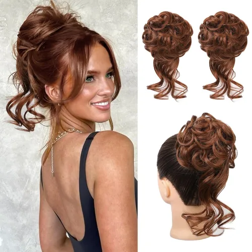 Miniatura 40 de HOOJIH 2 piezas de moño despeinado, recogido despeinado con mechones, extensiones de moño de cabello ondulado rizado, envoltorio de cabello, cola
