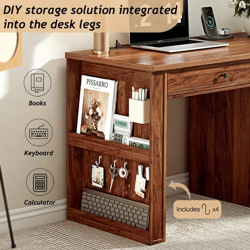 Miniatura 4 de Ieejdn 47" Home Office Desks, Executive Desk, Farmhouse Computer Desk with Drawers and Charging Station, File Drawer, Storage Cabinet, Rustic