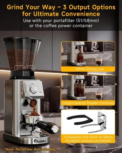 Miniatura 9 de IAGREEA Molinillo de café con rebabas cónicas, 48 ajustes de molienda, antiestático de baja velocidad de 450 RPM, temporizador de precisión, soporte