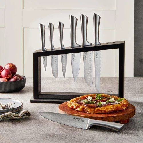 Miniatura 6 de Cuisine: pro Damashiro - Bloque de cuchillos Satori de 8 piezas, juego de cuchillos de acero japonés con bloque de cuchillos de madera de acacia