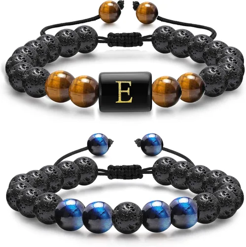 M MOOHAM Bracelets for Mens Christmas Gifts - 8mm Natural Stone Initial Bracelet for Men Lava Rock Tiger Eye Bracelets Unique Anniversary Christmas