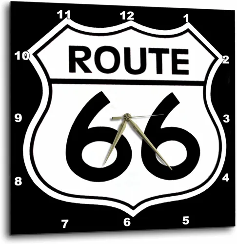 3dRose DPP_110012_1 Route 66, reloj de pared blanco y negro, 10 x 10 pulgadas