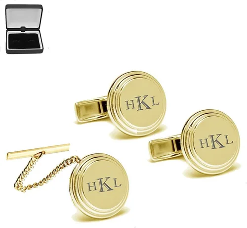 Miniatura 2 de Gemelos de círculo biselado de oro personalizado y cadena de alfiler de corbata, monograma personalizado grabado gratis, tachuela de corbata - Se