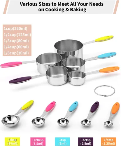 Miniatura 2 de Joyhill Juego de 10 tazas y cucharas medidoras de acero inoxidable, juego de tazas medidoras de metal anidadas con mangos de silicona de tacto suave