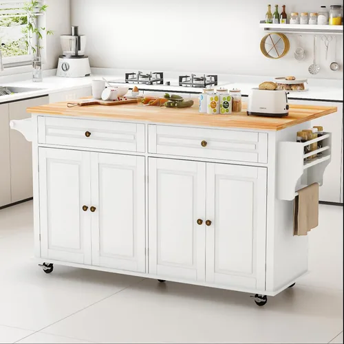 Miniatura 13 de Carrito para isla de cocina con almacenamiento y ruedas, isla de cocina rodante grande de 150 cm con hoja abatible, isla móvil para cocina