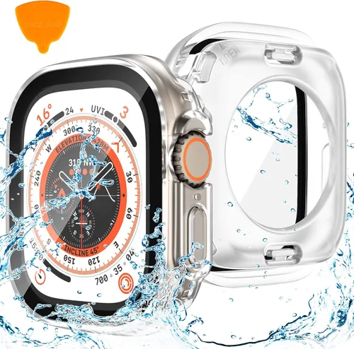 Miniatura 25 de Goton Funda impermeable 2 en 1 para Apple Watch Series 9, 8, 7, protector de pantalla de 1.772 pulgadas, cubierta protectora de vidrio 360, Plateado