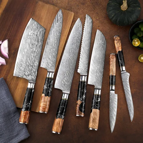 Miniatura 8 de SENKEN Juego de 7 piezas de cuchillos de cocina de Damasco - Colección Tsunami - Acero VG10 japonés de 67 capas - Cuchillo de chef, cuchillo
