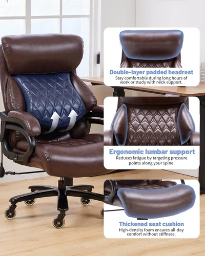 Miniatura 5 de Silla de oficina grande y alta de 600 libras con soporte lumbar ajustable, silla de escritorio ejecutiva de asiento ancho con cojín de 6.5 pulgadas