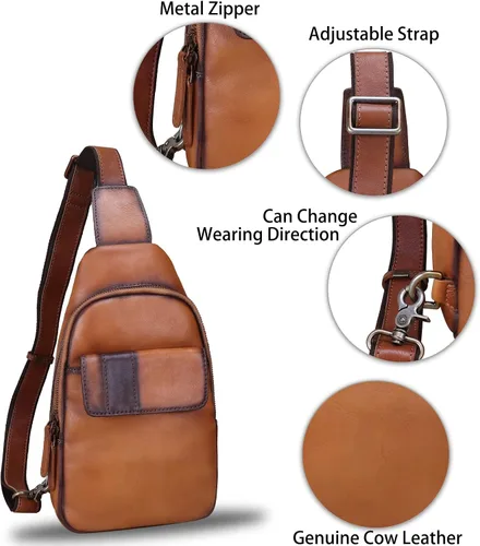 Miniatura 6 de LRTO Bolso bandolera de cuero genuino - Mochila de cuero hecha a mano para mujeres y hombres - Crossbody, bolsa de pecho