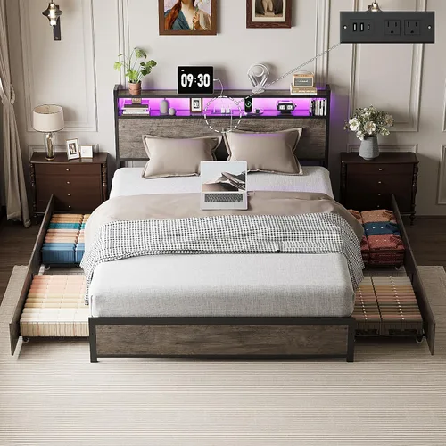 Miniatura 9 de VINGLI Base de cama LED Queen con 4 cajones de almacenamiento y estante de cabecera ajustable, plataforma de metal con estación de carga para niños