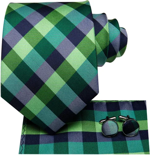 Miniatura 219 de Hi-Tie Corbata clásica de cachemira para hombre con pañuelo y gemelos a cuadros
