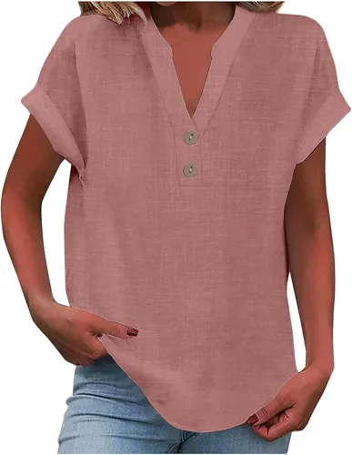 Miniatura 12 de Camisas de lino para mujer 2025 verano casual cuello en V botón abajo manga corta tops moda cómodo negocio trabajo blusas, beige (A-Beige)