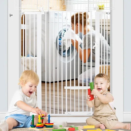 Miniatura 7 de SHYUJAJIE Puerta extra alta para mascotas de 71 pulgadas con puerta pequeña para gatos, puerta ancha ajustable de 29.55 a 40.55 pulgadas, puertas