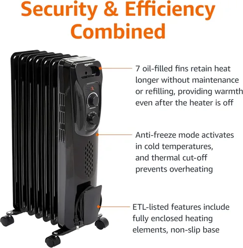 Miniatura 4 de Amazon Basics Radiador de aceite portátil para uso en interiores, 3 ajustes de calor, protección contra sobrecalentamiento, seguridad certificada