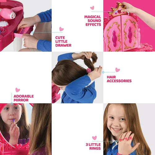 Miniatura 3 de Play22 Juego de tocador para niñas con espejo y taburete, 21 piezas, juego de mesa de maquillaje para niños con luces y sonidos, incluye accesorios