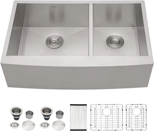 Miniatura 9 de Kichae 33 Farm Sink Double Bowl - Delantal de fregadero de granja de 33 pulgadas, delantal frontal de doble tazón, acero inoxidable 50/50, calibre