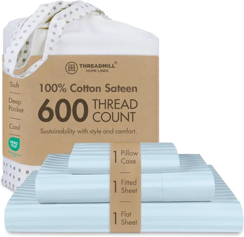 Miniatura 46 de Threadmill Sábanas de Algodón 100% para Cama Tamaño Queen - Juego de Sábanas Queen de 600 Hilos con Bolsillo Profundo de 16" - Juego de Ropa de Cama