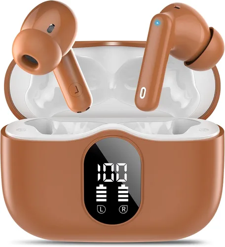 Miniatura 22 de Auriculares inalámbricos, Bluetooth 5.4, auriculares estéreo con graves y micrófono con cancelación de ruido, pantalla LED en el oído, llamadas Oro