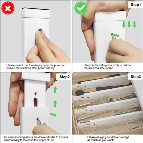 Miniatura 5 de Divisor de bambú para cajones de cocina, paquete de 4, organizador de cajones de utensilios ajustable de 17-22 pulgadas para tocador, baño, Blanco