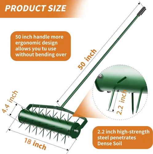 Miniatura 2 de Aireador de césped de 18 pulgadas, herramienta manual de alta resistencia con mango de metal de 50 pulgadas para el cuidado del césped, aireador