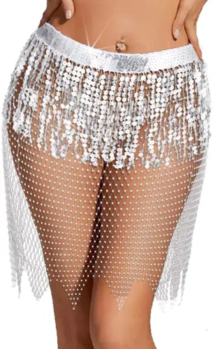 Nicute Falda de lentejuelas con flecos, falda de danza del vientre, falda de malla brillante para festivales rave, disfraz para mujeres y niñas