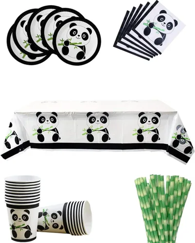 66 piezas de suministros de fiesta de panda, juego de vajilla desechable con platos, vasos, servilletas, pajitas, mantel para niños, baby shower,