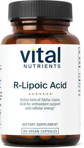 Vital Nutrients Ácido R-lipoico – Antioxidante activo de ácido alfa-lipoico – Suplemento ALA para metabolismo saludable y energía – Gluten, lácteos,
