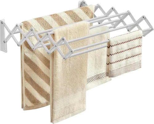 SONGMICS Estante de secado de ropa, estante de secado de ropa montado en la pared, pequeño estante de lavandería acordeón, 9 varillas colgantes