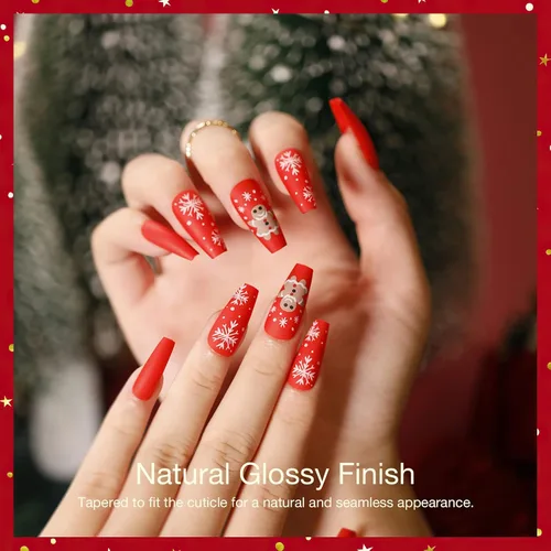 Miniatura 3 de Año Nuevo Navidad Prensa en Uñas Largas Ataúd Acrílico Uñas Falsas Kit Navidad Copo de Nieve Decoración de Uñas Falsas Bailarina Uñas Falsas Puntas