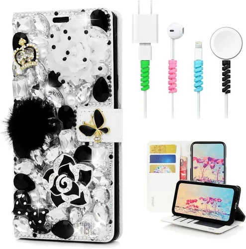 Bling - Funda tipo cartera compatible con iPod Touch de 7ª generación (2019), elegante, hecha a mano, 3D, diseño de flores de camelia, corona y