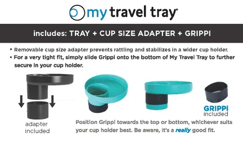 Miniatura 6 de My Travel Tray Round, fabricado en Estados Unidos. Convierte el portavasos existente en bandeja y portavasos para asiento de automóvil para niños