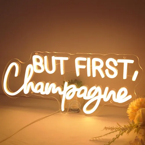 Miniatura 9 de SYLHOME Letrero de luz LED de neón con texto en inglés «But First Champagne» para el hogar, bar, cocina, hombre, cueva, pub, decoración de boda