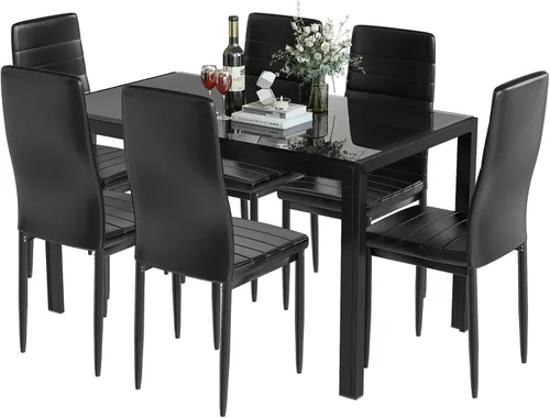 DKLGG Juego de mesa de comedor de 7 piezas para 6, mesa de cocina de vidrio templado con sillas de piel sintética, juego de mesa de comedor moderno