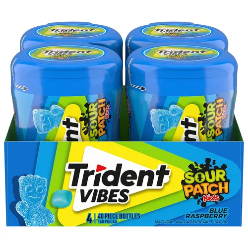 Trident Vibes SOUR PATCH KIDS - Goma de mascar sin azúcar de frambuesa azul, 4 botellas de 40 piezas (160 piezas en total)