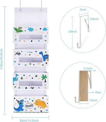 Miniatura 6 de WERNNSAI Organizador colgante de dinosaurio para colgar sobre la puerta, almacenamiento detrás de la puerta con 4 bolsillos transparentes