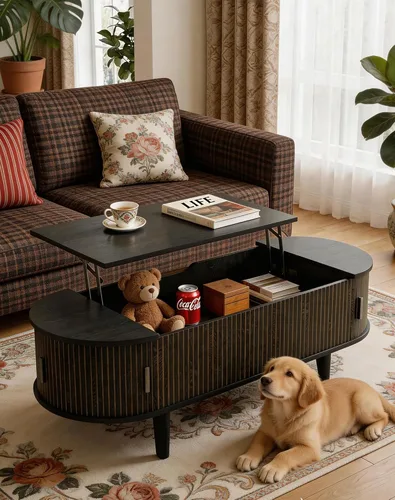 Miniatura 7 de Mesa auxiliar ovalada con almacenamiento, mesa de centro acanalada de 47.2 pulgadas con puerta corrediza de tambor de 180°, mesa central moderna
