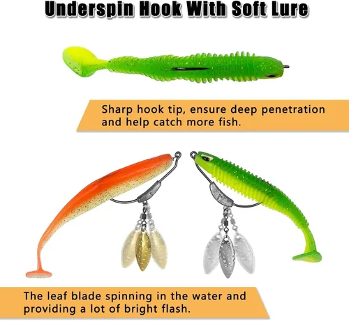Miniatura 4 de Ganchos de natación con peso, 6 anzuelos Underspin Swimbait con Twistlock, ganchos de manivela con peso con cuchillas giratorias doradas/plateadas