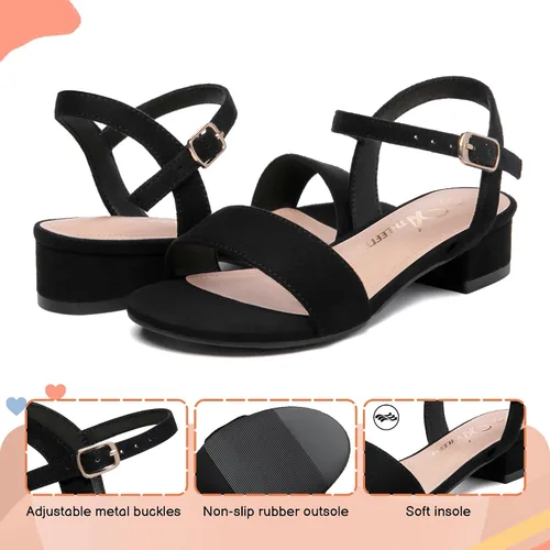Miniatura 22 de Athlefit Sandalias para niñas, puntera abierta, correa en el tobillo, tacones bajos, zapatos de vestir para niñas pequeñas y grandes