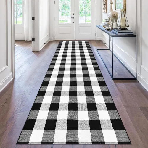 Miniatura 25 de Alfombra de Exterior de Cuadros Buffalo 2x3 pies, Alfombra Tejida de Algodón Negro y Blanco Roto, Tapetes para Puerta de Porche Frontal, Alfombra