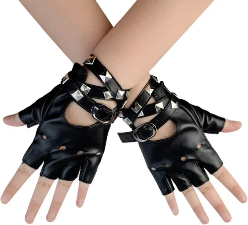 Miniatura 7 de Guantes de piel sintética con remaches punk, de medio dedo, sin dedos, para mujer