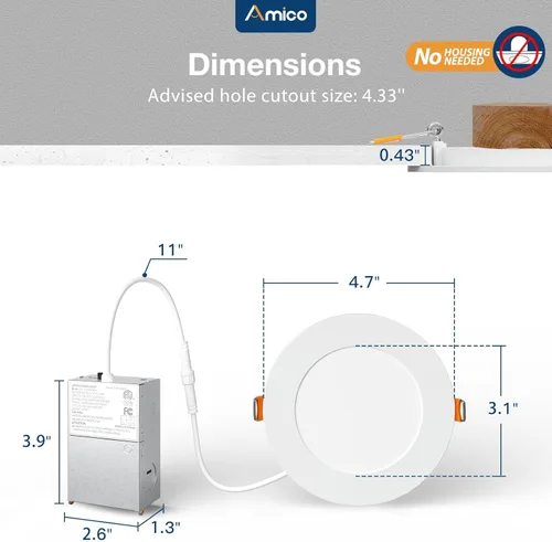 Miniatura 3 de Amico paquete de 6 luces de techo empotrables ultrafinas de 4 pulgadas, 5 CCT, regulables, con caja de conexiones, 2700K/3000K/3500K/4000K/5000K