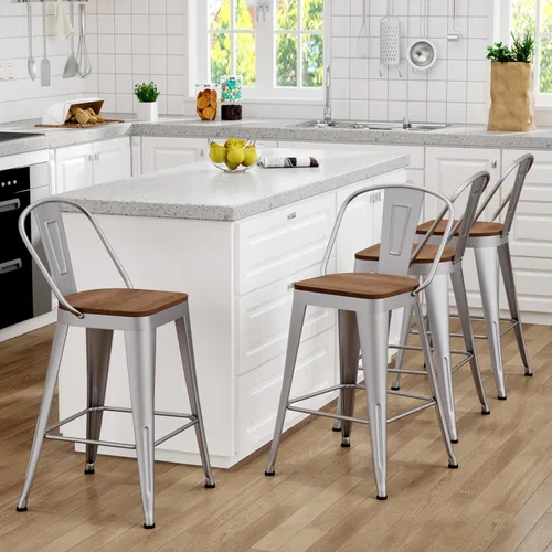 Miniatura 9 de Juego de 4 taburetes de bar de altura de mostrador para isla de cocina, estilo granja, sillas de bar de metal con respaldo alto, asiento de madera