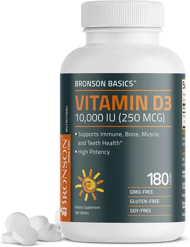 Bronson Vitamina D3 10,000 UI (250 MCG) para función muscular saludable y apoyo inmunológico, sin OGM, 180 tabletas