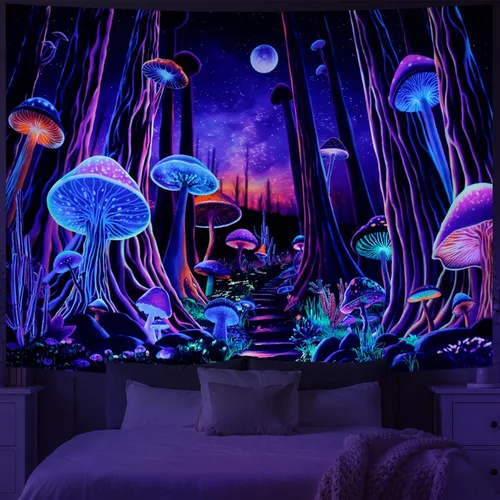 Miniatura 2 de Tushelia Tapiz de árbol de bosque de luz negra, tapiz de hongos de neón de fantasía, tapiz espacial reactivo a los rayos UV, tapiz espacial