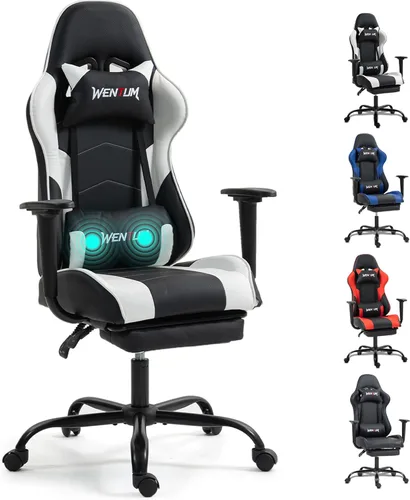 Miniatura 9 de Silla de videojuegos de piel sintética para masaje, silla de videojuegos para PC con soporte lumbar para hombres y mujeres, oficina en casa, altura