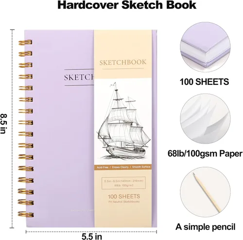 Miniatura 7 de Yoment Paquete de 2 cuadernos de bocetos de 5.5" x 8.5" para dibujo, bloc de bocetos con espiral pequeña, encuadernado en espiral, libro de bocetos